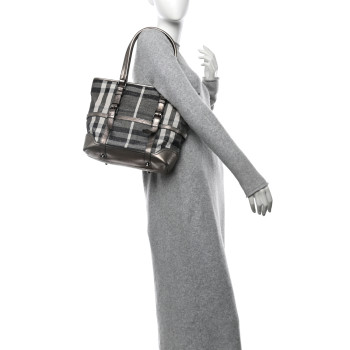BURBERRY Metallic Calfskin House Check Tote Pewter