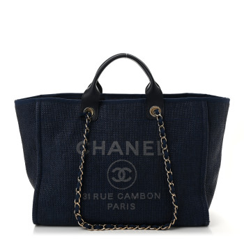 CHANEL Woven Straw Raffia Medium Deauville Tote Navy