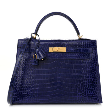 HERMES Shiny Porosus Crocodile Kelly Sellier 32 Bleu Electrique