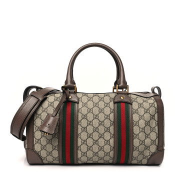 GUCCI GG Supreme Monogram Textured Dollar Calfskin Web Small Duffle Bag Beige Ebony
