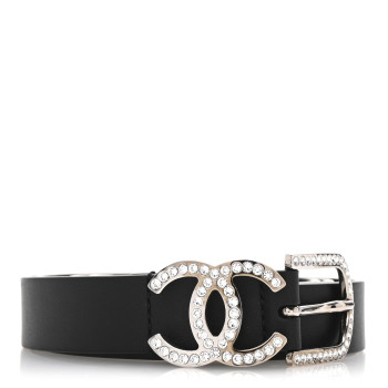 CHANEL Calfskin Crystal CC Buckle Belt 80 32 Black