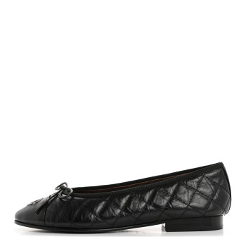CHANEL Aged Calfskin Quilted CC Cap Toe Ballerina Flats 37.5 Black