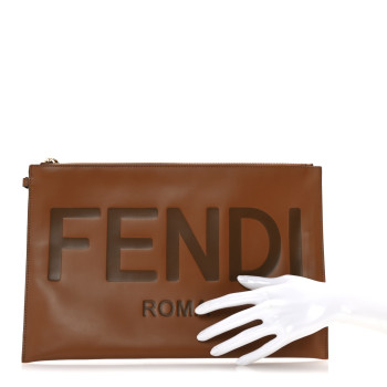FENDI Vitello King Logo Embossed Large Flat Pouch Cuoio