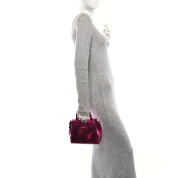 VERSACE Metallic Patent Calfskin Mini La Medusa Chain Top Handle Bag Fuchsia