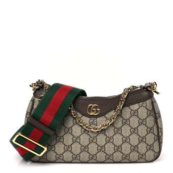 GUCCI GG Supreme Monogram Textured Dollar Calfskin Web Small Ophidia GG Handbag Beige Ebony New Acero