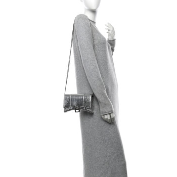 BALENCIAGA Metallic Calfskin Crocodile Embossed Hourglass Chain Bag Silver