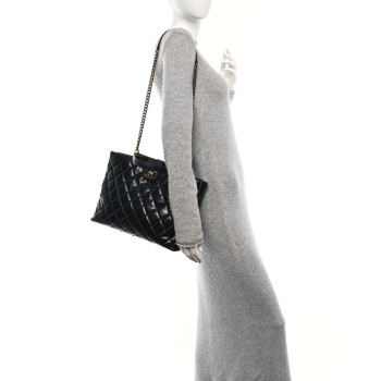CHANEL Glazed Calfskin Quilted Gold Bar Tote Black