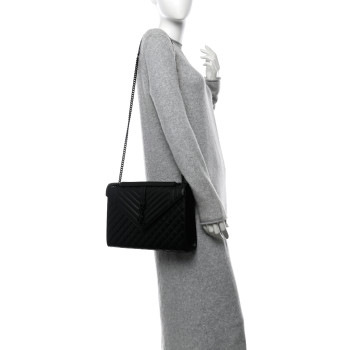 SAINT LAURENT Grain De Poudre Textured Mixed Matelasse Large Triquilt Monogram Monochrome Satchel Black