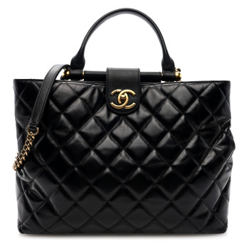 CHANEL Glazed Calfskin Quilted Gold Bar Tote Black