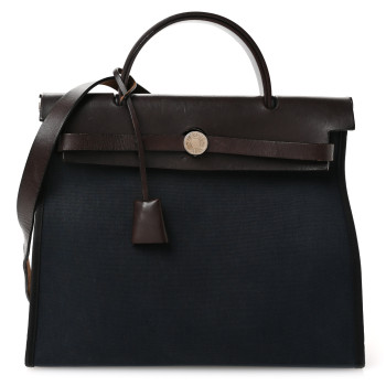 HERMES Military Toile Vache Hunter Herbag Zip 31 PM Bleu Marine Black Ebene