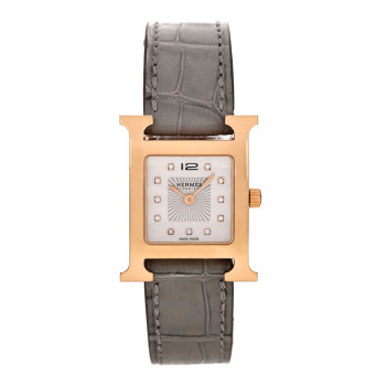 HERMES Stainless Steel Alligator Diamond Mother of Pearl 21mm Heure H Hour Quartz Watch Gris Perle