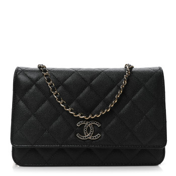 CHANEL Shiny Caviar Quilted Strass CC Wallet On Chain WOC Black