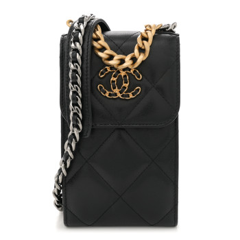 CHANEL Lambskin Quilted Chanel 19 Phone Holder With Chain Black