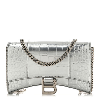 BALENCIAGA Metallic Calfskin Crocodile Embossed Hourglass Chain Bag Silver