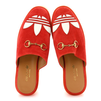 GUCCI X ADIDAS Kid Scamosciato Quentin Goatskin Trefoil Embroidered Horsebit Platform Mules 36.5 Red Multicolor
