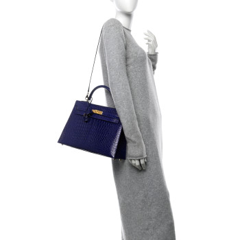 HERMES Shiny Porosus Crocodile Kelly Sellier 32 Bleu Electrique