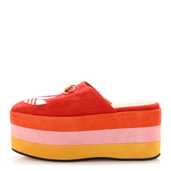 GUCCI X ADIDAS Kid Scamosciato Quentin Goatskin Trefoil Embroidered Horsebit Platform Mules 36.5 Red Multicolor