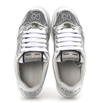 GUCCI Metallic Nappa Silk Crystals Womens Screener Sneakers 36.5 Silver Light Grey