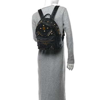 MCM Grained Calfskin Visetos Studded Small Stark M Backpack Black