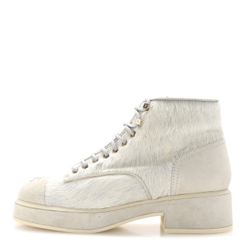 CHANEL Suede Pony Hair Shearling Lace Up Combat Boots 40 White Black