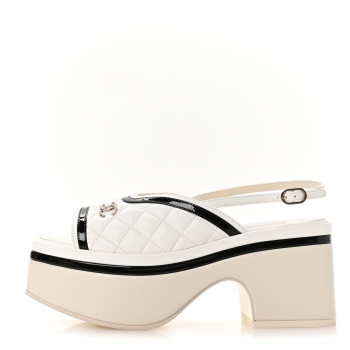 CHANEL Lambskin Patent Quilted CC Platform Sandals 36 White Black