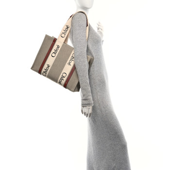 CHLOE Linen Calfskin Medium Woody Ribbon Tote White Brown