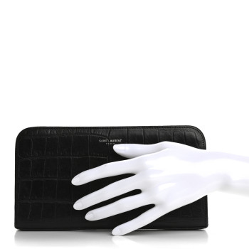 SAINT LAURENT Calfskin Crocodile Embossed Zip Around Travel Wallet Black