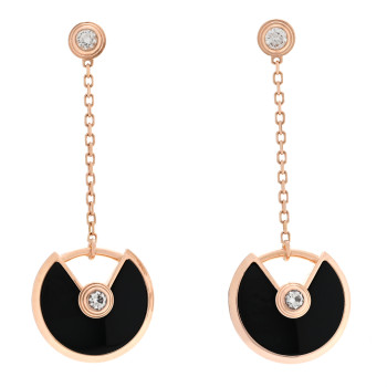CARTIER 18K Pink Gold Diamond Black Onyx Amulette de Cartier Drop Earrings