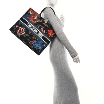 CHRISTIAN DIOR Canvas Embroidered Large Jardin d'Hiver Book Tote Black Multicolor