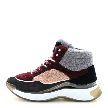 CHANEL Shearling Lambskin Suede CC High Top Sneakers 36.5 Grey Pink Burgundy