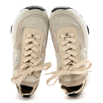 CHANEL Knit Fabric Suede Calfskin Womens CC Sneakers 37 Ivory