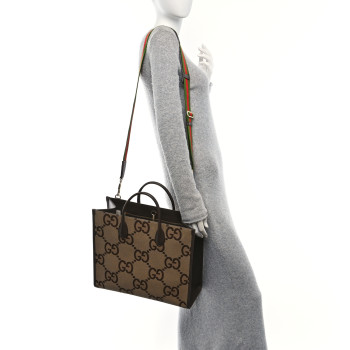 GUCCI Monogram Jumbo GG Textured Dollar Calfskin Web Tote Bag Camel Ebony New Acero