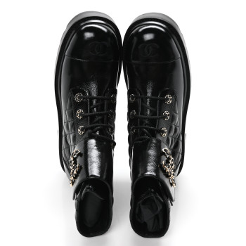 CHANEL Shiny Calfskin Quilted Lace Up Combat Boots 40.5 Black