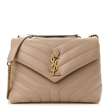 SAINT LAURENT Calfskin Y Quilted Monogram Small Loulou Chain Satchel Dark Beige