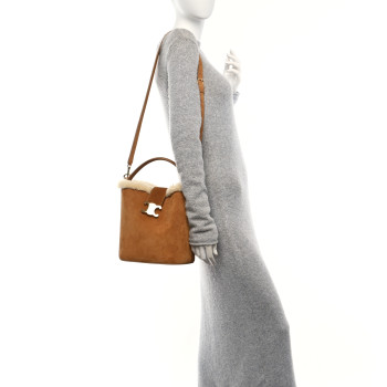 CELINE Suede Shearling Triomphe Medium Louise Bag Tabaco Cream