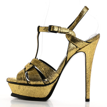 SAINT LAURENT Metallic Crackled Calfskin Tribute 105 Platform Sandals 36 Black Gold
