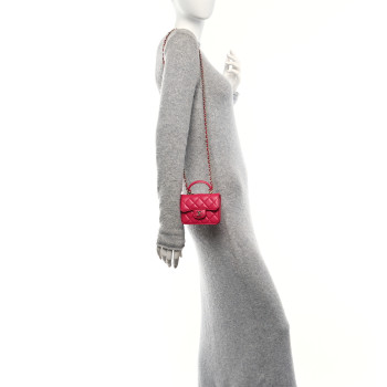 CHANEL Lambskin Quilted Top Handle Flap Coin Purse With Chain Dark Pink