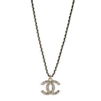 CHANEL Lambskin Crystal CC Chain Pendant Necklace Black Gold