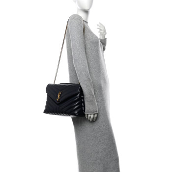 SAINT LAURENT Calfskin Y Quilted Monogram Medium Loulou Chain Satchel Deep Marine