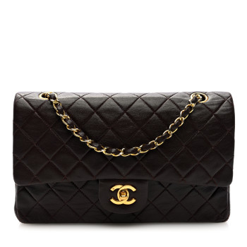 CHANEL Lambskin Quilted Medium Double Flap Dark Brown