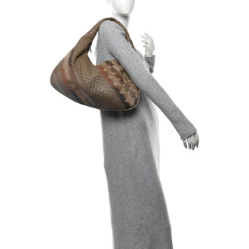 BOTTEGA VENETA Nappa Snakeskin Embroidered Intrecciato Large Veneta Hobo Beige Multicolor