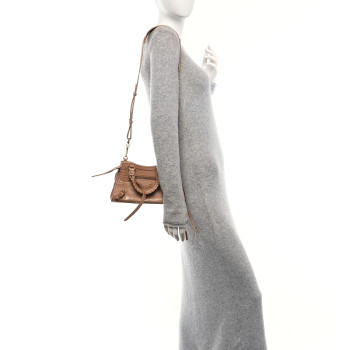 BALENCIAGA Shiny Supple Calfskin Crocodile Embossed Neo Classic Gold Hardware Mini City Nude Beige
