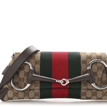 GUCCI Monogram Textured Dollar Calfskin Heavy Grosgrain Web Medium Maxi Horsebit Chain Shoulder Bag Beige Ebony New Acero