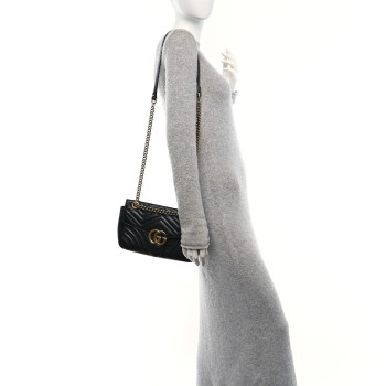 GUCCI Calfskin Matelasse Small GG Marmont Shoulder Bag Black