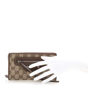 BALENCIAGA X GUCCI GG Monogram Azalea Calfskin Neo Classic Zip Around Wallet Beige Ebony Brown Sugar
