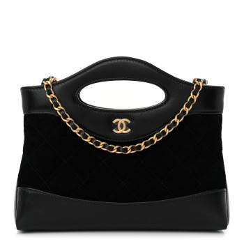 CHANEL Suede Shiny Crumpled Calfskin Quilted Nano 31 Shopping Bag Black
