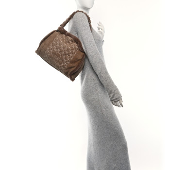 CHANEL Shearling Suede Stiched CC Tote Dark Brown