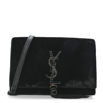 SAINT LAURENT Velvet Crystal Monogram Kate Tassel Chain Wallet Black