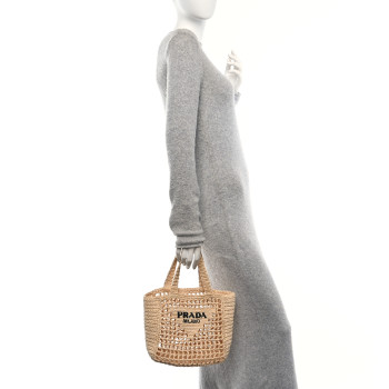 PRADA Yarn Raffia Effect Crochet Logo Embroidered Small Tote Bag Naturale
