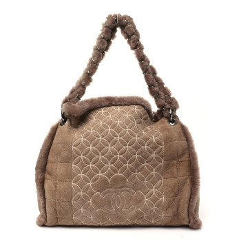 CHANEL Shearling Suede Stiched CC Tote Dark Brown